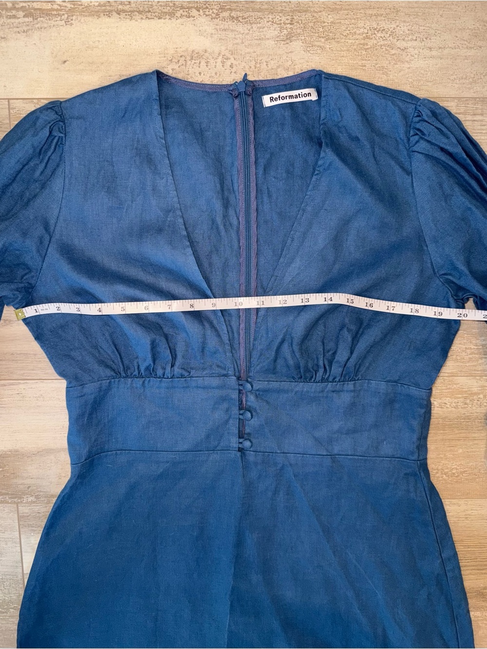 Reformation Simi Linen Mini Dress Blue Puff Sleeve V-Neck Size 12 - Picture 12 of 13